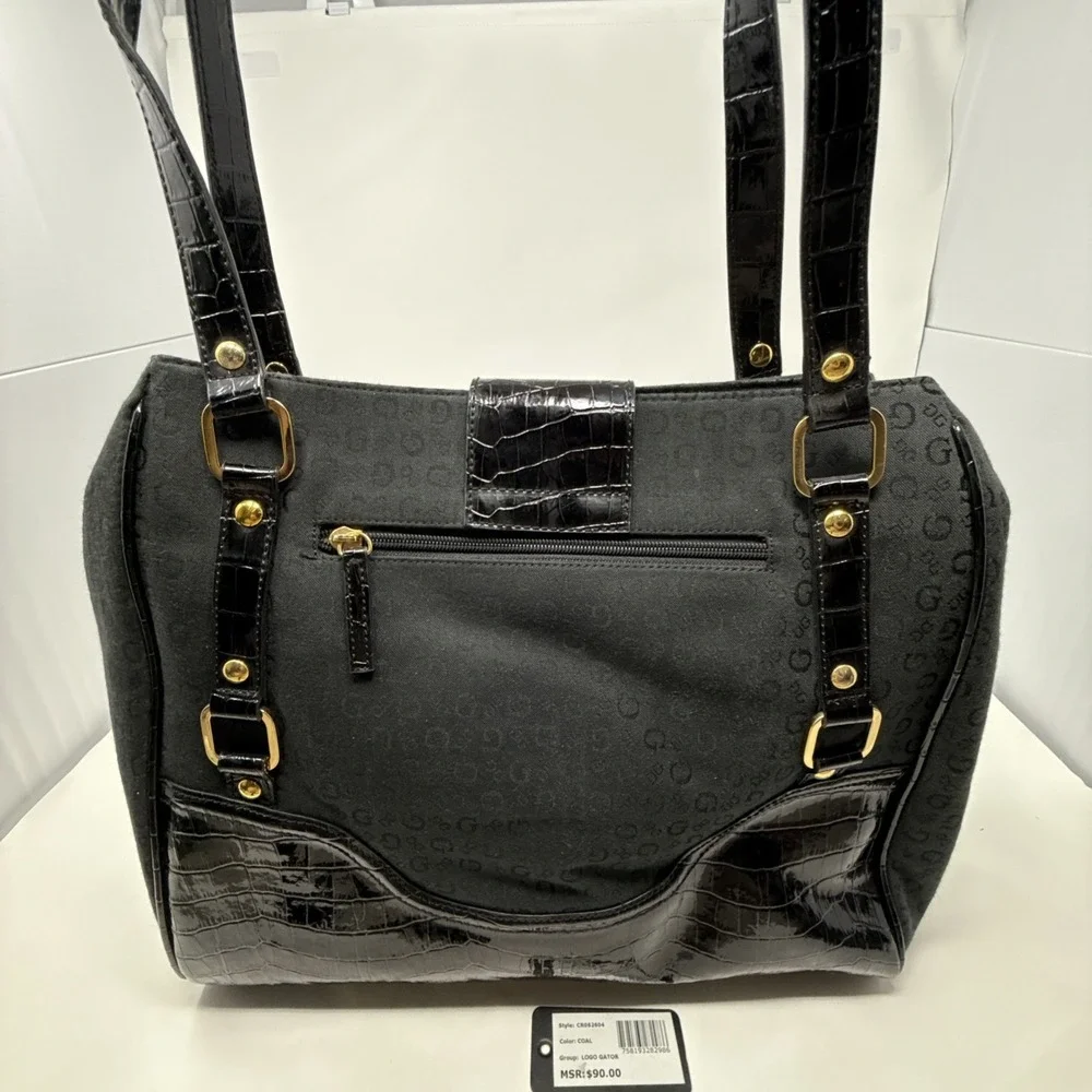 Guess Black Monogrammed Shoulder Bag Buckle‎ Detail Faux Croc Trim Satchel Y2K